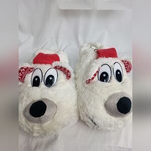 JOE BOXER Fuzzy Red White Christmas gift holiday Polar Bear Slip On Slippers 7/8